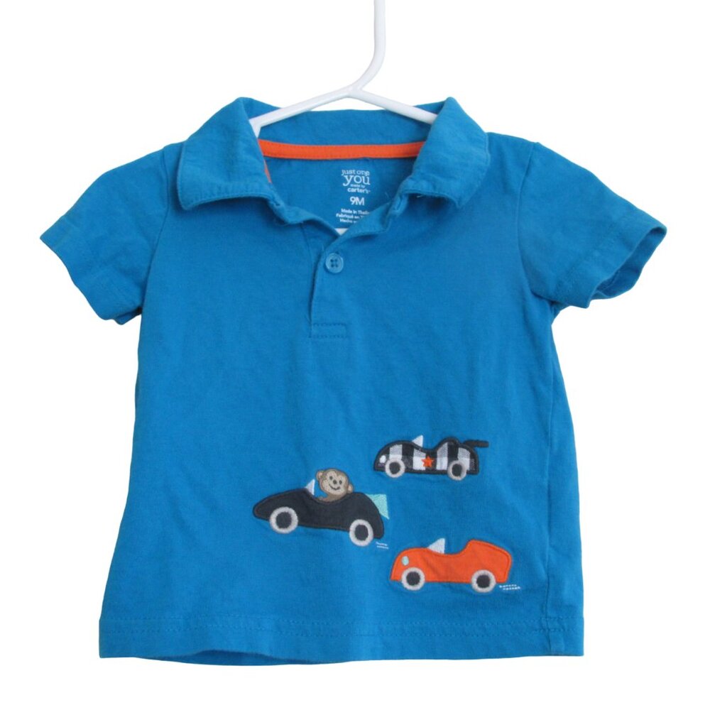 Carters Just One You Pullover Polo Shirt Boys 9M Blue Short Sleeve Cars Collared